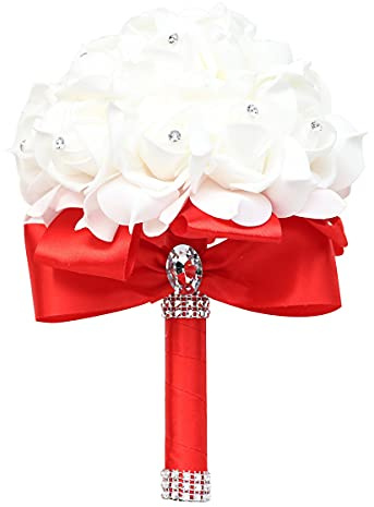Nvzi Künstlicher Rosenstrauß, rote Blumen, Brautjungfer, Wurfstrauß mit Diamantbändern, künstliche Blumen, Handsträuße für Hochzeit, Verlobung, Kirche