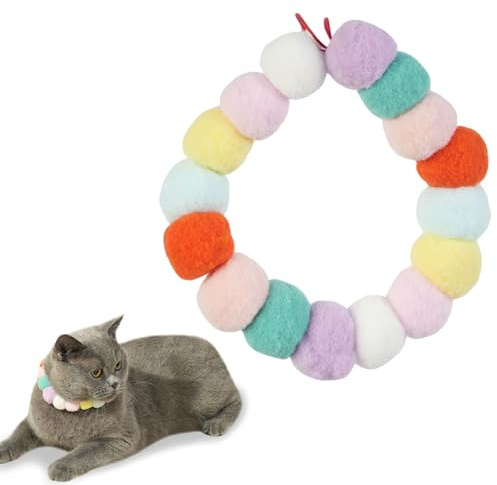 Plyschboll katthalsband med elastiskt band – justerbart pom-halsband för katter och små hundar | mjuka husdjurstillbehör, kattunge-mode, valphalsduk (flerfärgad)