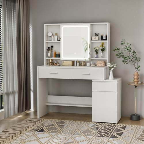 JUMMICO Schminktisch mit LED-Beleuchtung, Einstellbare Helligkeit&Farbtemperaturen, Organizer Schminktisch Spiegel mit Licht, Frisiertisch mit Schubladen und verstellbaren Ablagen, 110x40x140cm