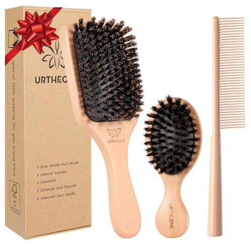 URTHEONE 100% Pure Boar Bristle Hair Brush Set 3 Piece Large and Mini Size with Wide Tooth Comb for Fine Thin Short Hair Frizz Control Shine Scalp Massage Gift