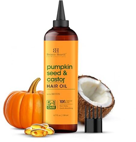 Botanic Hearth Pumpkin & Castor Hair Oil 6.7 Fl Oz (198 ml) | Cold Pressed - Hexane Free, 100% Natural | Pure Castor Oil Organic for Eyelashes, Hair Growth, Eyebrows, Skin, Face | All Hair Types