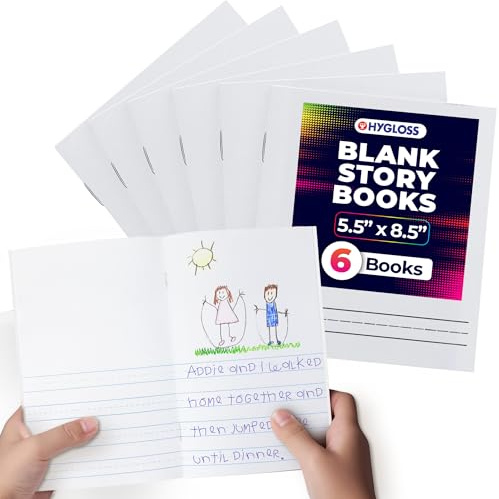 Hygloss Half Blank Books for Kids to Write Stories and Illustrate – Bulk 6 Pack – 5.5 x 8.5 A5 – Small Primary Journal for Grades K-2, Preschool/Kindergarten Notebook with Picture Space – 24 Pages