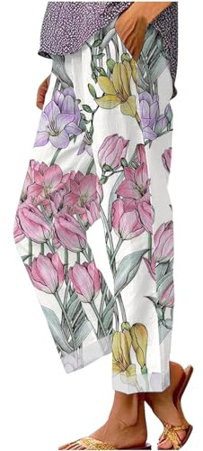 Pantaloni corti da donna casual in cotone e lino, gamba dritta, vita elastica, tropicale, floreale, grafica, pantaloni capri, con tasche, estivi, alla moda, da spiaggia, per vacanze