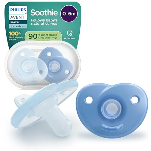 Philips Avent chupetes Soothie: chupete anatómico, para recién nacidos de 0 a 6 meses, diseño de una sola pieza, tetina de silicona que reduce la presión, sin BPA, paquete de 2, azul,SCF099/26