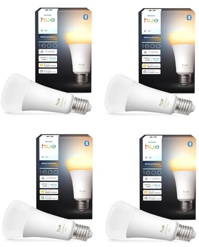 Philips Hue Bundle – 4 x weiße Ambiance 1600 A67 E27 Smart-Leuchtmittel, extra hell, dimmbar, warmes bis kühles Licht, App- und Sprachsteuerung, funktioniert mit Alexa, Google Home und Apple HomeKit