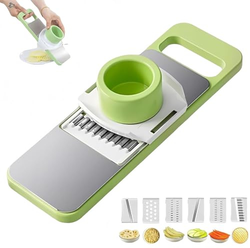 Cortadora de mandolina 6 en 1 con 6 cuchillas de acero inoxidable, cortador de verduras multiusos, cortadora de cocina para cortes de gofres, frutas, queso y verduras, fácil limpieza