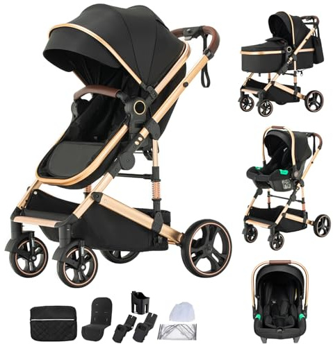 Mobayta Kinderwagen 3 in 1 Komplettset Baby Kombikinderwagen bis 22kg, Zusammenklappbar, Große Gummireifen, Großer Einkaufskorb, Warmer FußsackOrganizer Tasche (H9 BLACK, H9)