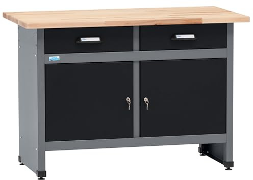 Küpper Werkbank 12059, 120x84x60cm, 2 Schubladen, 2 Türen, 300 kg Traglast, 30 mm Massive Buchenarbeitsplatte (Schwarz)