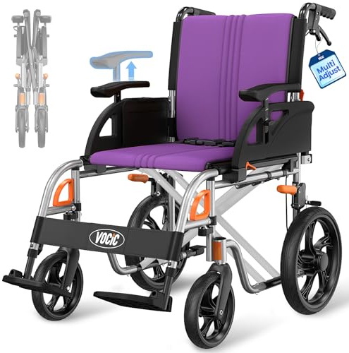 VOCIC U12 Lightweight Folding Wheelchair, 13kg, Multi-Point Ergonomic Fit | Lightweight Transport Aluminium Wheelchair for Adults,Up to 136kg,Dual Brakes, 3D Comfort Cushion, 30cm Large Wheels,Purple