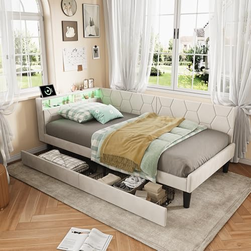 BSCFHCZ Schlafsofa 90x200 mit Stauraum, Tagesbett Einzelbett mit 2 Stauraum Schubladen, Polsterbett 90x200, Kinderbett mit LED & USB-Ladebuchse, Bettgestell mit Lattenrost, Samt, Ohne Matratze, Beige