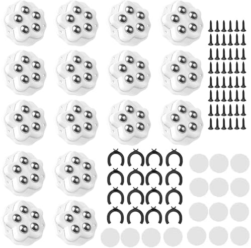 16 Pièces Roulettes pour Meubles, Roue Mobile Universelle 360, 4 Roues Capacité 200G, 5 Billes Chacune avec Plaquette de Frein, pour Meubles, Ustensiles de Cuisine et Appareils Électroménagers (Blanc)