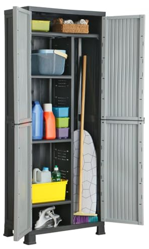 Plumbpyr Armario de plástico 68 x 39 x 171,5 cm, color gris con 2 puertas, armario de almacenamiento para oficina, garaje, sótano, trastero, con estante y espacio de almacenamiento para herramientas