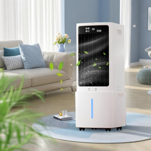 Enfriador de Aire Portátil, Climatizador Evaporativo 12L Silencioso, 3 Velocidades, Ruedas Giratorias, para Habitación Casa, 6 Cajas de Hielo (288x260x615mm)
