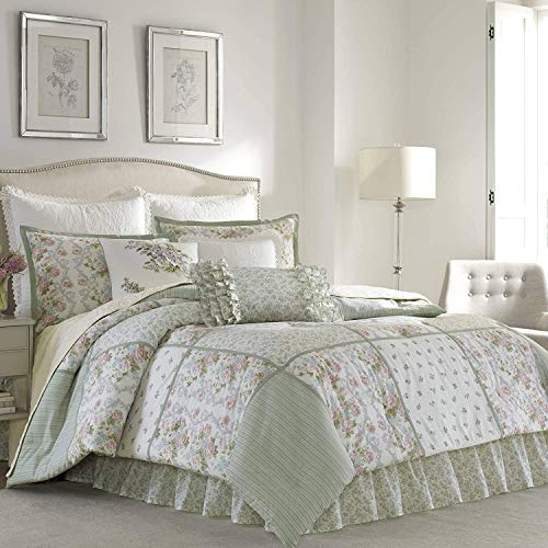 Laura Ashley - Queen Comforter Set, Soft Cotton Bedding with Slight Texture Feel, Medium Weight for Year Round Comfort, 4 Piece Bed Set with Matching Pillowcases & Bonus Bed Skirt (Harper Sage)