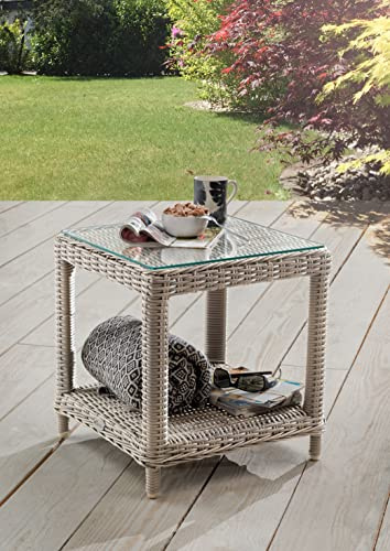 Destiny Beistelltisch Merano mit Glasplatte, Polyrattan, Vintage weiß