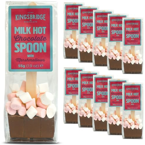 Kingsbridge Hot Chocolate Spoons - Belgian Milk Choc & Marshmallows, 10 Pack | Choc Block with Wooden Stirrer & Added Sweet Treats | Gifts for Birthdays, Special Occasions or Sleepovers