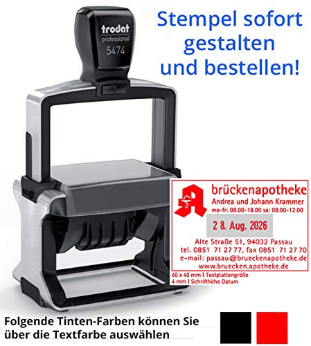 Trodat Professional Text- & Datumsstempel 5474-60x40 mm - 7 Zeilen und Datum ACHTUNG Deutsche Wochentage, in verschiedenen Farben, gleich Online gestalten!!! (Metall)