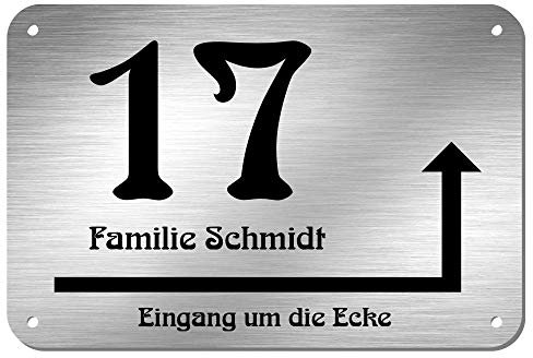 Edelstahl Hausnummer Namensschild Hinweisschild mit Pfeil und individueller Laser-Gravur * Modell 17 Eingang um die Ecke (300 mm x 200 mm)