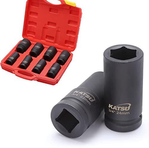 KATSU llaves de vaso impacto de 3/4 8 Piezas, Juego de llaves de Vaso de Impacto Profundo, llave Métrica Resistente de 22mm a 41mm, Herramienta de Reparación de Motores de Camiones Tractores 420460