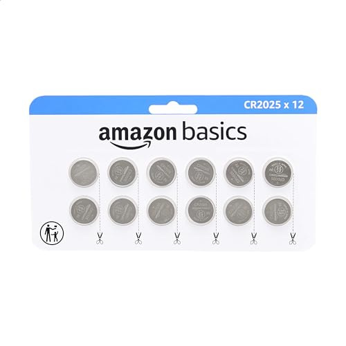 Amazon Basics Juego de pilas de botón de litio CR2025, 12 Unidad