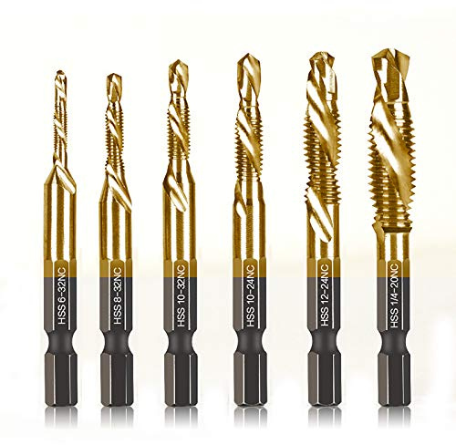6 Packs Titanium Combination Drill & Taps Bit Set SAE 6-32nc 8-32nc 10-32nc 10-24nc 12-24nc 1/4-20nc.