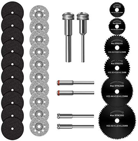 32 Pezzi Dischi Taglio per Dremel Diamantati Mini di Tagliante 10 pezzi, HSS Seghe Circolari Lame 6 pezzi, Taglio di Resina per Legno, Alluminio, Plastica, Metallo