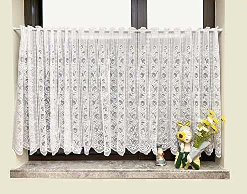 Devola Landhausstil Jacquard Scheibengardine Transparente Blumenmuster Bistrogardinen Cáfe Kurzvorhang Balkongardine Kurzstores Panneaux mit gebogter Kante HxB 60x200cm Weiß 1er Pack
