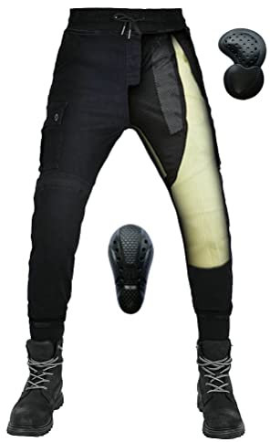 Motorrad-Reithose, Aramidfaser, Schutzhose für Motocross, Rennen, Motorrad, Radfahren, mit CE-Armor Knie-Hüftpolster, Schwarz , 27-32