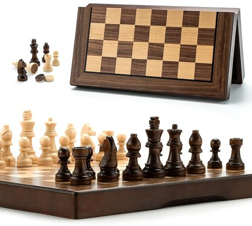 MBUAFYA Groß Schachspiel Holz - Hochwertiges Turnier Schachbrett 30cm - 2-in-1 Magnetisches Klappbares Reise-Schach Und Dame Brettspiel Für Erwachsene Und Kinder