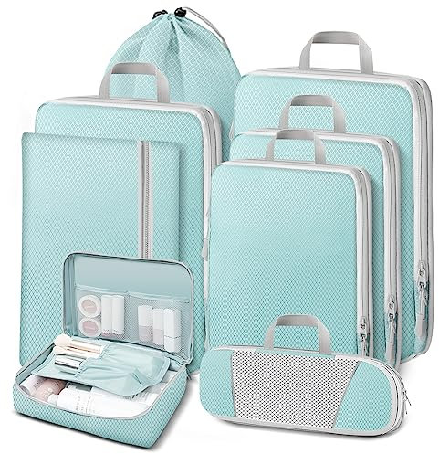 Lannvan Koffer Organizer Set 8 Teilige,Platzsparendes Packing Cubes Compression,Ultraleichte Packwürfel mit Kompression,Wasserfester Travel Organizer Packtaschen für Koffer,Rucksack und Gepäck,Blau