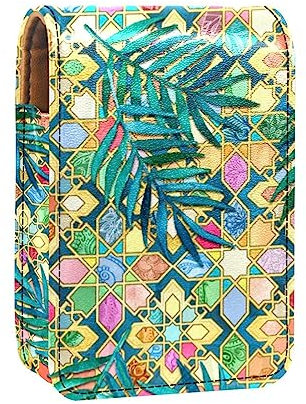 Damen-Make-up-Lippenstift-Etui aus PU-Leder, Lippenstift-Etui mit Spiegel, süßes tragbares Make-up-Reiseetui für Geldbörse, Lippenstift-Halter,Retro Art Marokkanische Fliesen Palmblätter