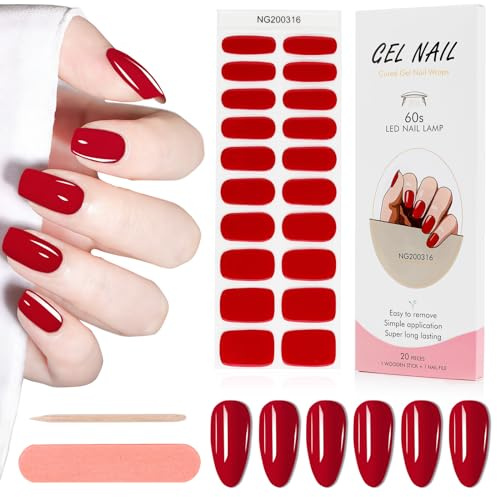 Kalolary Gel Semicurado de Pegatinas, 20Pcs Pegatinas Esmalte de Uñas Envoltura Pegatina Calcomanías Autoadhesivas con Lima de Uñas para Arte de Uñas DIY (Rojo azufaifo)