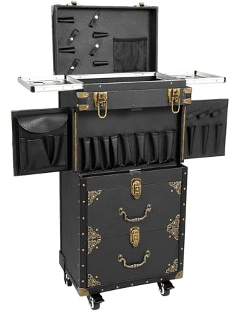 BAOCHADA Kosmetikkoffer Trolley Retro Make Up Koffer Rollbar&Abschließbar, 4 Ebenen Schminkkoffer Kosmetik Trolley Koffer mit Haartrocknerhalterung, Friseurkoffer für Visagisten, Schwarz