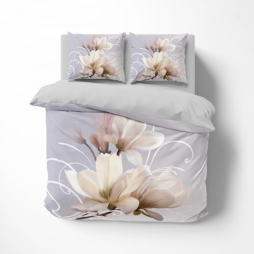 FEBE 3D Bettwäsche Magnolia Blume Bettbezug-Set 135x200 + Kissenbezug 80x80 cm Wendebettwäsche 2 Teilig mit Reißveschluss