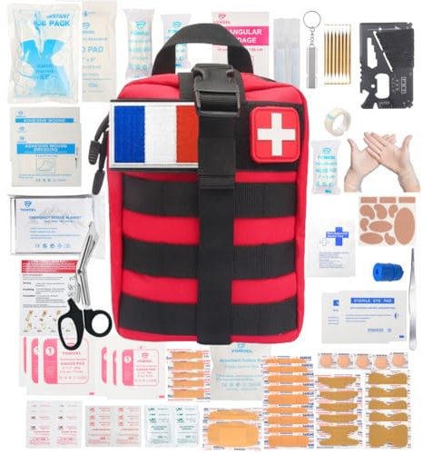 Trousse de Premiers Secours - Chasse, Pêche, Randonnée, Survie, Maison, Voiture, Voyages - Couverture de Survie Isothermique - Carte multi - Ciseaux… (Rouge)