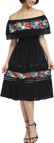 YZXDORWJ Mexican Dress for Women Embroidered Traditional Boho Theme Fiesta Floral Lace Off-Shoulder Ruffle Party Dress (L, 320BK)