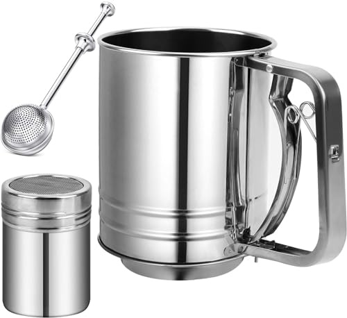 Flour Sifter Stainless Steel,3 Cup Flour Sifters for Baking,3 in1 Sifter for Baking with Powdered Sugar Shaker Duster, Flour Shaker Duster for Baking Cakes, Pastries, Pies, Cupcakes and Desserts