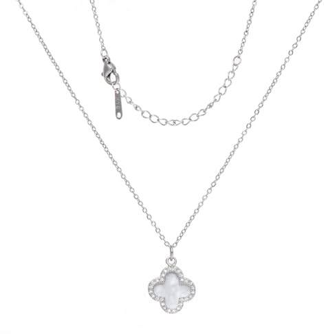 Fviswiak Clover Necklace For Women 14K Real Gold Silver Plated Four Leaf Clover Pendent Necklace Dainty Trendy Cute Simple Women's Jewelry Gift (Silver-White)