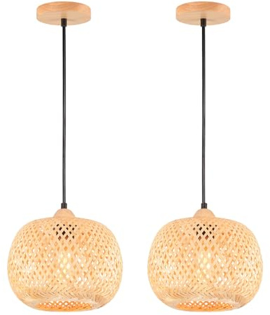 LIGKIN 2 Pezzi Lampade a Sospensione Rattan Lampadario Vintage E27 Paralume Bambù Lampadari Boho Lampada da soffitto Legno per Ristoranti Salotti Camera da letto, Ø25cm