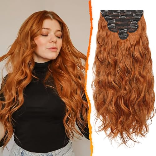 BARSDAR Clip in Haarverlängerung, 50CM Lang Wellig Kupfer Haarextension Clip in 6PCs Voller Kopf Dickes Synthetisches Extensions Haarteil Für Damen Tägliches Party (Ingwer Kupfer)