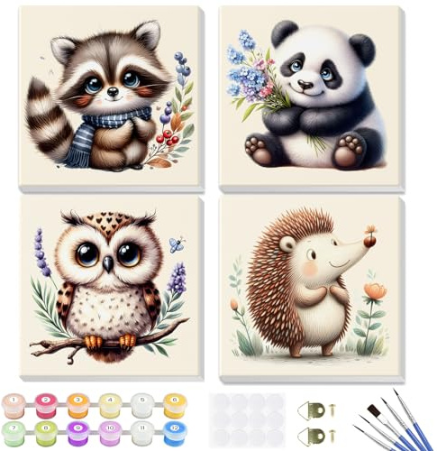GHHKUD 4 Pack Peinture à Numéros Enfants Adultes Débutants Animaux, DIY Peinture Acrylique pour Adultes Enfants débutants Facile sur Toile avec peintures et pinceaux, Kits de Loisirs Créatifs 20×20cm