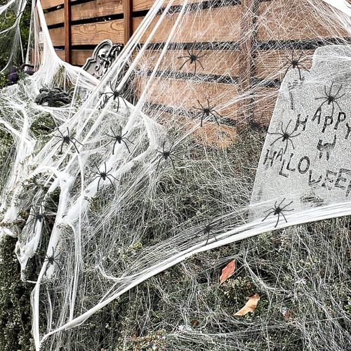 100g Spinnennetz Halloween Deko Outdoor Innen mit 20 Spinnen, Weiß Halloween Deko Spinnennetz für Garten Häuser Party