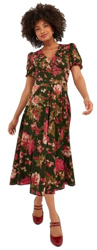 Joe Browns Women's Fashion Vintage Floral V-Neck Puff Sleeve Midi Dress, Regular Fit, Green, UK 8