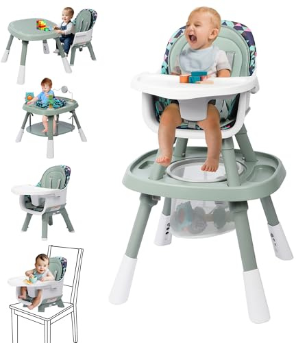 Xilingol 15-in-1 Convertible High Chair, 2-in-1 Baby Highchair & Activity Center W/Toys, Booster Seat | Building Block Table | Toddler Chair W/Removable Tray & 5-Point Harness & 2-Layer Cushion(Green)