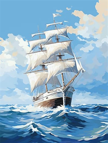 Boot Malen Nach Zahlen Erwachsene Groß 80x110cm, Malen Nach Zahlen Wellen, Kreativ Set für Erwachsene, DIY Handgemalt Ölgemälde Leinwand Kit mit 3 Set Pinseln Acrylfarben, Home Wand Dekor, Rahmenlos