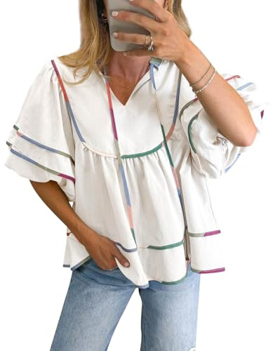 Cicy Bell Womens Summer Babydoll Tops V Neck Short Lantern Sleeve Shirts Cute Loose Fit Peplum Flowy Blouses White