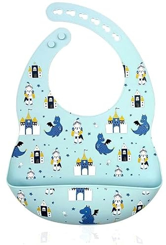 EverAyRes Silicone Baby Bibs – BPA free, adjustable, waterproof, easy to clean. Soft, comfortable fit with a deep food catcher pocket. Ideal for mess-free mealtimes. (Blue Dragons)