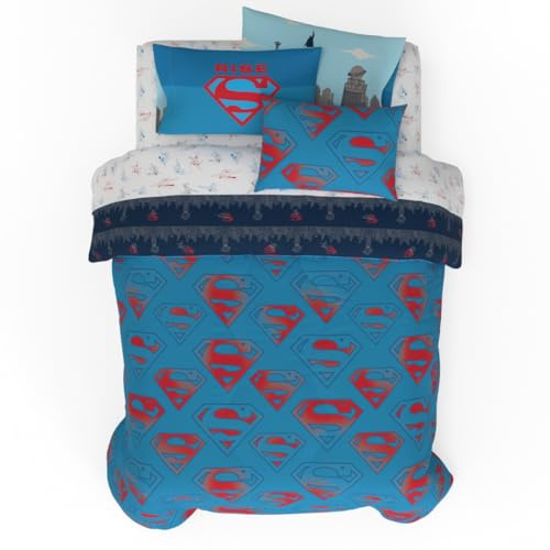 Franco Superman DC Comics - Juego de edredón y sábanas de Microfibra Reversible súper Suave y Acogedor con Funda, 7 Piezas, tamaño matrimonial (Producto Oficial)