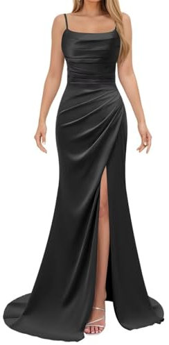 HPPEE Robe de soirée formelle en satin avec fente et bretelles spaghetti et col bénitier pour femme, Noir , 38