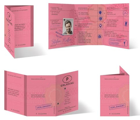Witzige personalisierte Foto Einladungskarten zum Geburtstag Alter Rosa Führerschein Wickelfalz Klappkarte, ab 10 bis 100 Stück, dickes 300g/qm Papier